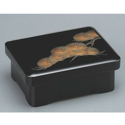 木製足付丼重黒内朱漆塗沈金老松