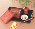 隅丸光月丼重柿朱金牡丹内朱