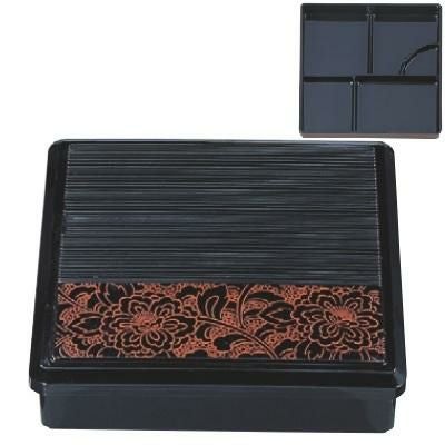 弁当箱 8寸角千筋固定弁当朱牡丹