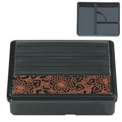 弁当箱 8寸長手固定弁当黒に朱牡丹