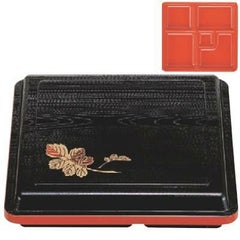 弁当箱 耐熱赤坂弁当黒新木目一枚菊内朱 SH塗 仕切面クリ-ン塗