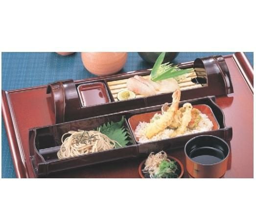 そば器  竹姫弁当溜内溜塗のぞき  幅79 奥行59 高さ15
