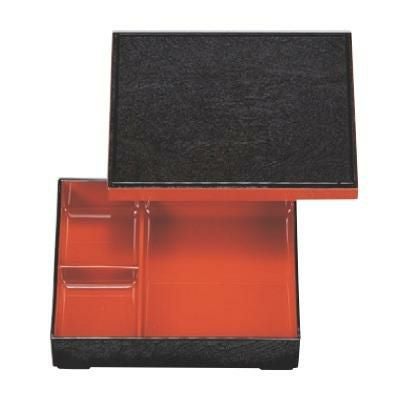 弁当箱  7寸長手固定弁当黒ケヤキ木目渕朱オヤ内朱  幅203 奥行179 高さ49