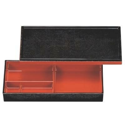 弁当箱  長手京弁当(小)黒ケヤキ木目渕朱オヤ内朱  幅257 奥行120 高さ46