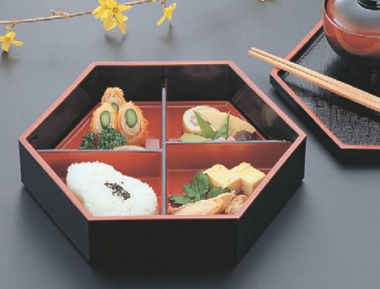 松花堂 8寸布目六角松花堂黒天朱内黒親