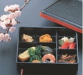 松花堂  7寸長手布目松花堂黒渕朱(固定仕切)  幅204 奥行180 高さ54