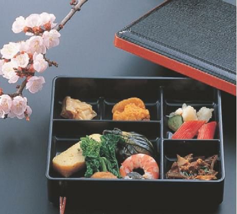 松花堂  7寸長手布目松花堂黒渕朱(固定仕切)  幅204 奥行180 高さ54