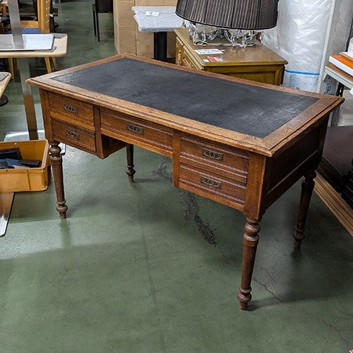 中古】アンティーク家具 木製デスク ブラウン 黒天板 木縁 幅1280×奥行
