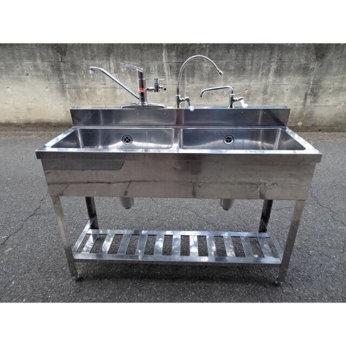 中古】二槽シンク ゴミカゴ付き台付き BGあり 幅1600×奥行500×高さ850