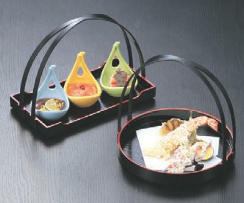 盛器 7寸千筋長角手提げ盛器黒天朱