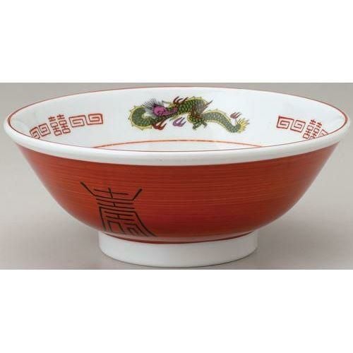 12-104-1 三つ龍ラーメン丼 赤巻反高台22cm丼 三つ龍21.4×8.6(cm)