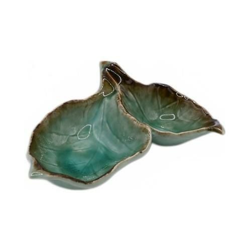 【飲食店定番】緑釉双葉 小付 13.5×8.7×3.8(cm)