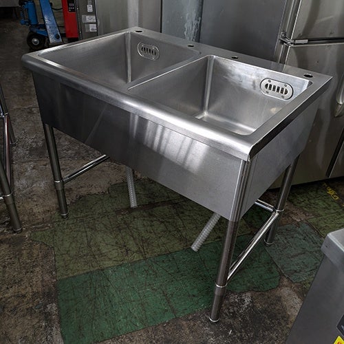 中古】二槽シンク 三方枠 BGなし 幅900×奥行600×高さ800 【送料別途