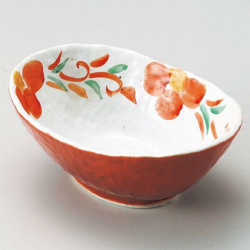 朱巻唐草花楕円鉢 17.2×12.2×6.7cm 053-219