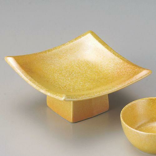 オレンジイエロー吹ラスター45高台皿 13.5×13.5×6.5cm 120-039