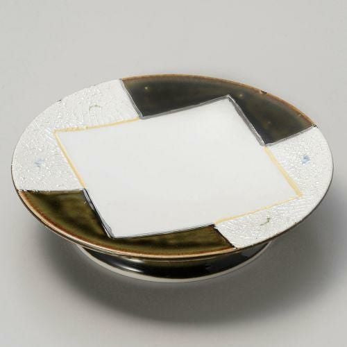 条根織部銀彩高台皿 19.7×19.7×4cm 032-079