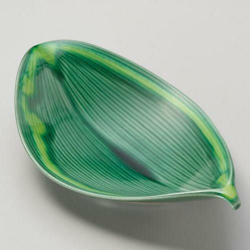 緑釉黄流し葉型8.5寸向付 26×15.3×6cm 039-179