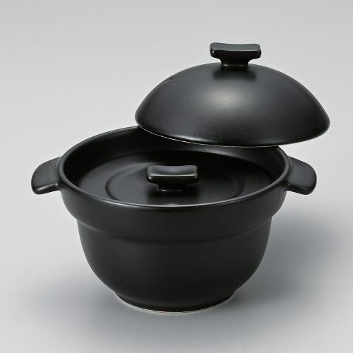 黒釉1人用ご飯鍋1合炊(中蓋付) 19×φ16×12.5cm(身9.5cm) 385-119