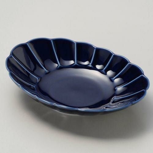 ルリ釉菊彫楕円皿 21.8×16×5cm 041-099