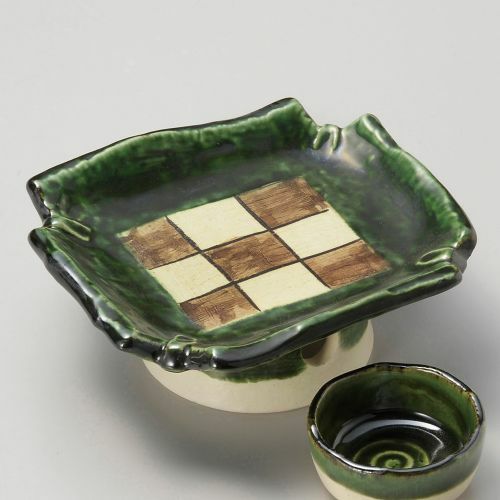 織部高台市松刺身鉢 14.8×16.5×6cm 024-249