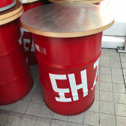中古】ドラム缶テーブル丸 赤 幅700×奥行700×高さ900 【送料別途見積