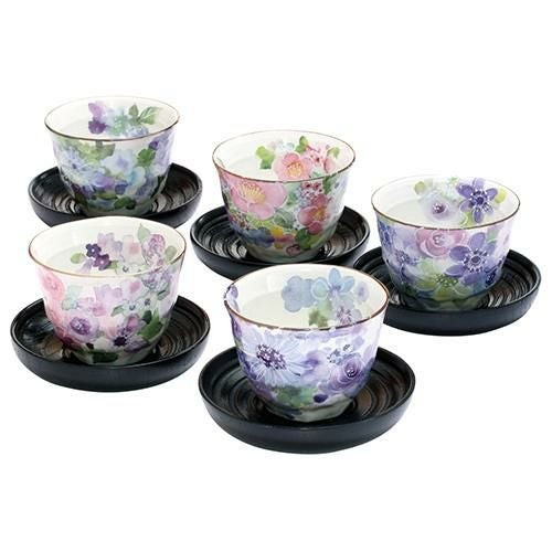 湯呑 花工房茶托付煎茶/碗直径9.2×h6.7cm 茶托直径12.5×h2.5cm