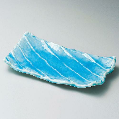 マリンブルーガタ彫焼物皿 26×14×4cm 141-129