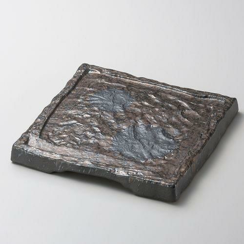 炭化土金吹四角台皿(大) 24×24×2.5cm 184-049