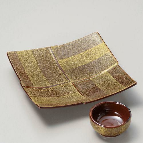 アメ釉金タタキ筋入市松正角皿 18.5×18.5×4cm 023-109