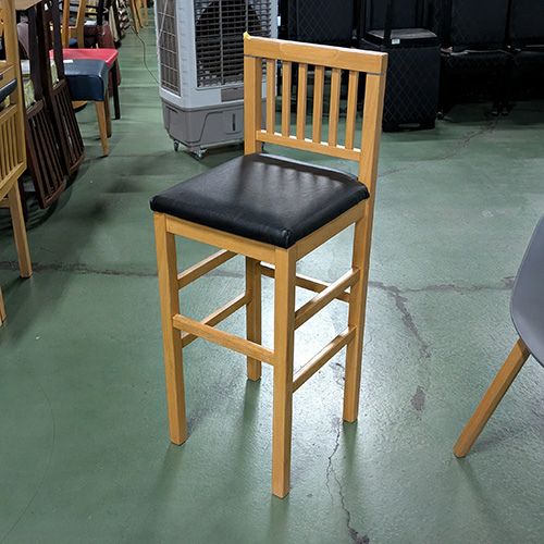 中古】和風カウンターイス ナチュラル 座黒レザー 幅370×奥行400×高さ