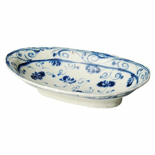 安南呉須更紗楕円高台大盛鉢 40×25×8.5cm 239-029