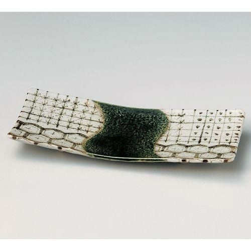 錆亀甲足付焼物皿 29×12×2.5cm 134-029