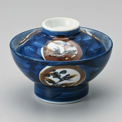 呉須紋画丸高台蓋丼 φ15.5×11.4cm 340-209