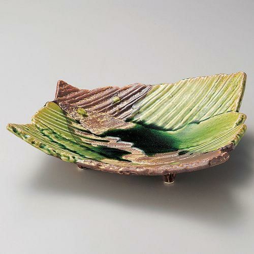 サビ釉ヒワ流スジ彫変形盛皿 26.5×24×7.5cm 197-079