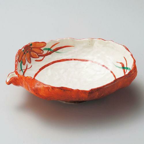 粉引朱巻花絵片口盛鉢 26.5×22×8cm 249-109
