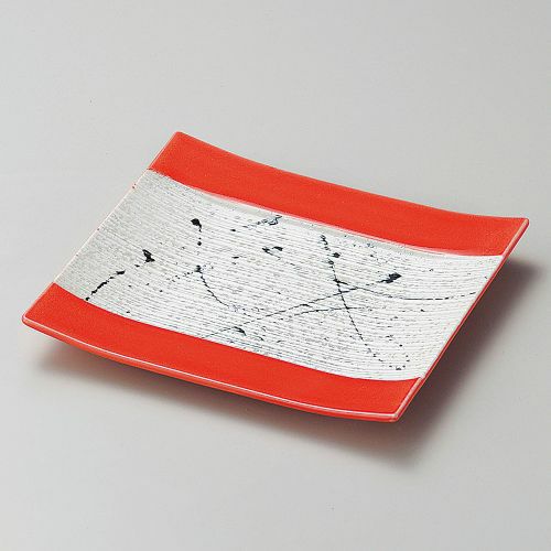 黒飛ばしラスター赤釉筋彫正角皿 18×16.8×2.2cm 200-149