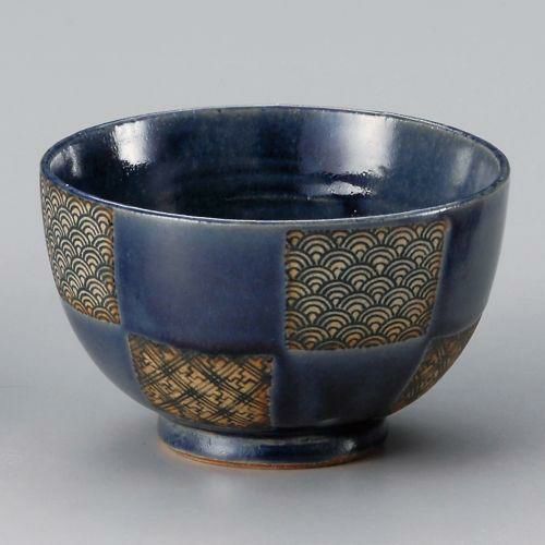 藍市松青海波夏目型多用丼 φ14×8.5cm 328-339