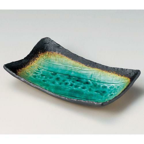 緑彩手作り長角皿 26×16.5×4.5cm 136-059