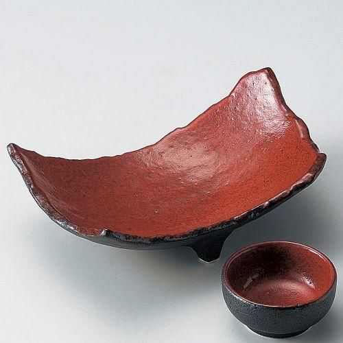 紅黒炭三ッ足両切向付 19×13×6.7cm 027-119