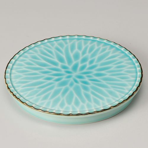 渕錆マリンブルー菊彫高台丸皿 φ17.4×2cm 210-049