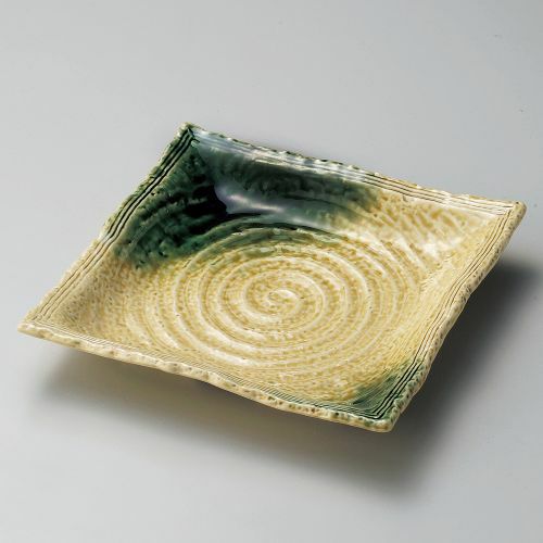 黄瀬戸織部吹手造り正角皿 21×21×3.5cm 187-319