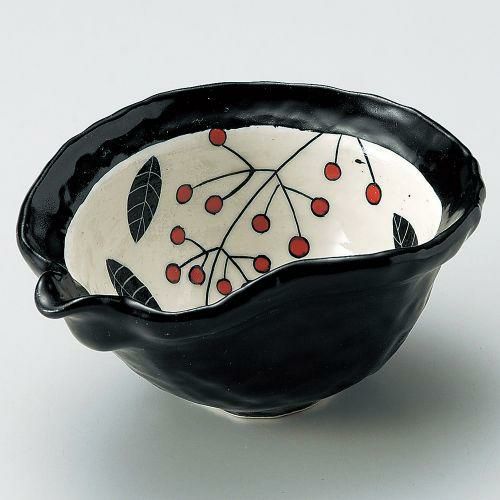 黒織部南天片口ひさご鉢 15.2×11.8×7.1cm 052-089