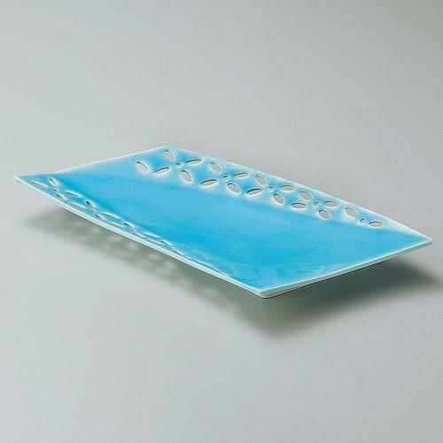 湖水青白菱紋透し前菜皿 26×15.5×3.3cm 197-159