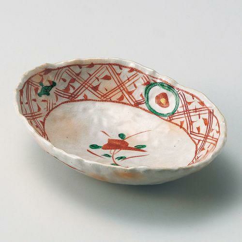 志野釉赤絵楕円7.0浅鉢 21.2×15.5×5.5cm 035-069