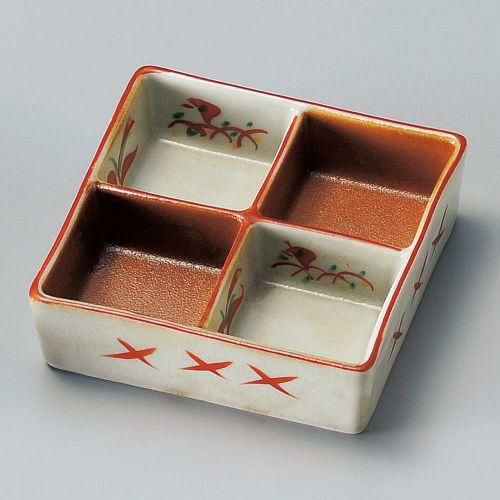 青地唐津赤絵四ツ切鉢 11.1×11×3.5cm 098-019