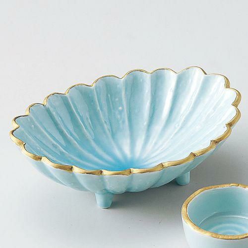 鳴海青地菊型向付 17×12.4×5.8cm 026-309