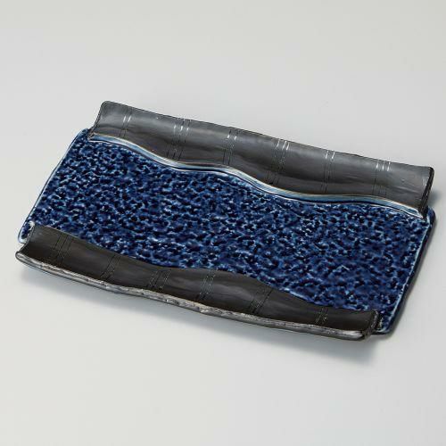 ルリ黒巻彫石目焼物皿 23.3×16×1.8cm 142-039