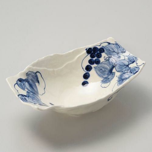手書き絵瀬戸ぶどう舟形盛鉢 24.5×15.5×8.5cm 036-129