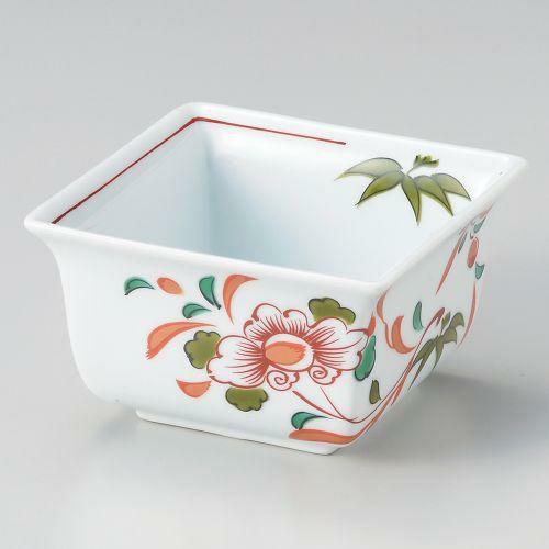 赤絵草花反四角小鉢 9×9×5.2cm 065-039