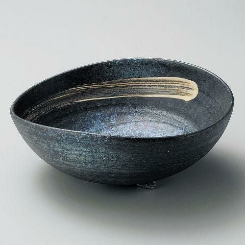 黒窯変刷毛目8.0足付楕円鉢 25×22×10cm 250-059
